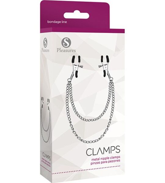 Pinças para mamilos S Pleasures Metal Nipple Clamps prateadas, unidas pela corrente