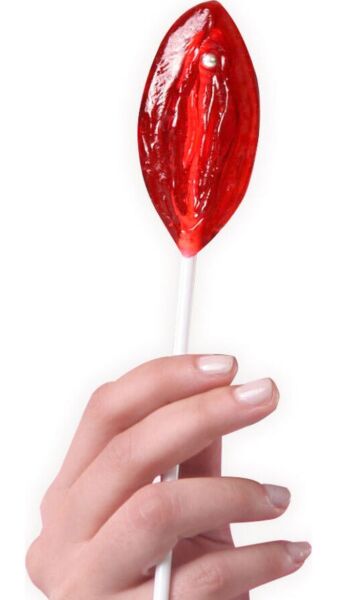 Expositor Chupa-chupa Vulva Secret Play com 40 chupa-chupas de goma de morango em forma de vulva