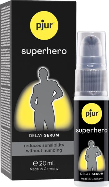 Embalagem de 20 ml do sérum retardante Pjur Superhero Delay Serum