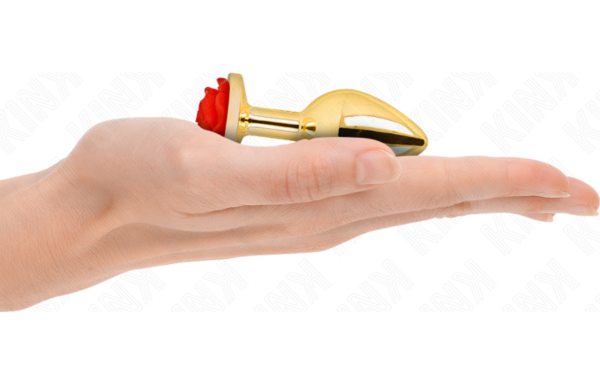 Plug anal Kink com Rosa Vermelha S em aço dourado, com corpo cónico e uma rosa vermelha na base