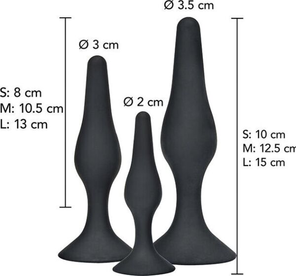 Três plugs anais ToyJoy Curvy Companions Kit de vários tamanhos, com forma curva e base larga
