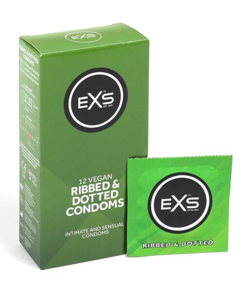 Caixa de preservativos EXS Ribbed & Dotted com textura de estrias e pontos