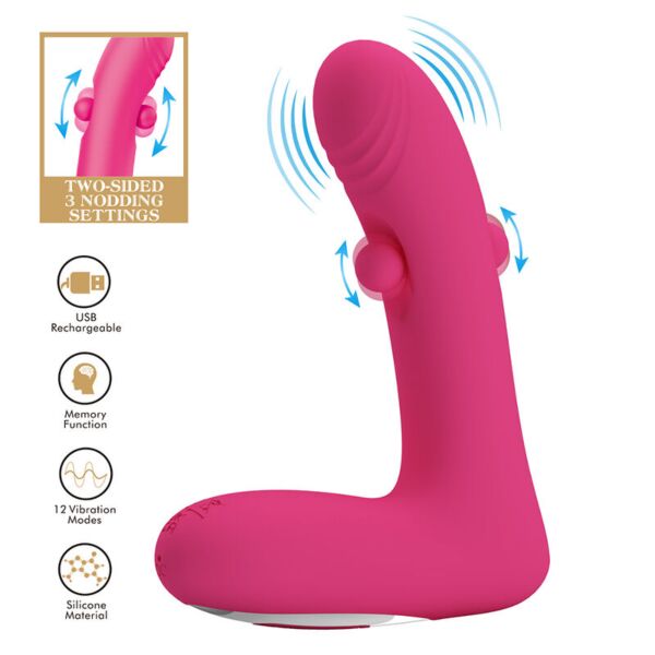 Vibrador Duden cor-de-rosa, com corpo curvo e pontos móveis laterais
