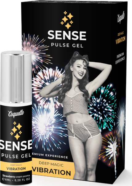Vibrador líquido Coquette Chic Desire Sense Pulse Gel na sua embalagem com pulverizador