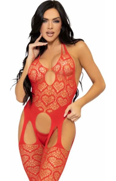 Bodystocking Leg Avenue Love Hangover de rede com corações, com top halter e cinta-liga
