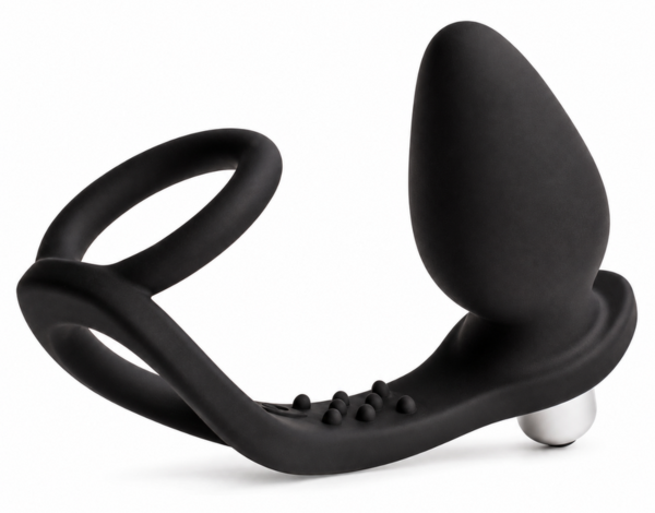 Vibrador de próstata Rocks-Off Ro-Zen em preto ónix, com o seu duplo anel de fixação
