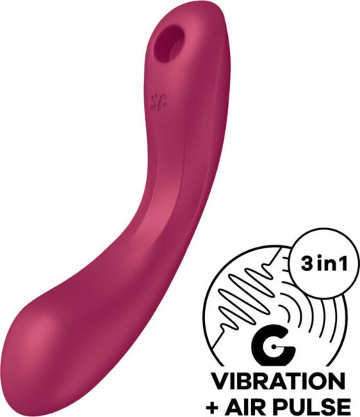 Estimulador de clitóris e vibrador Satisfyer Curvy Trinity 1, de forma curva com o bocal numa das pontas
