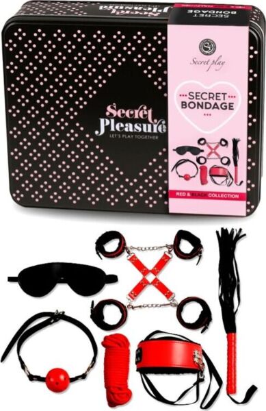 Kit BDSM Secret Bondage Vermelho e Preto da Secret Play, com as peças de pele sintética e a corda