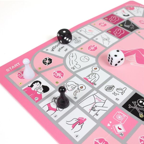 Jogo de mesa erótico Secret Play Mission 69, com tabuleiro, dados e peões