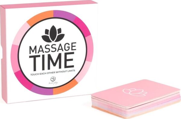 Caixa do jogo de massagens para casais Secret Play Massage Time, com as suas cartas e o seu dado