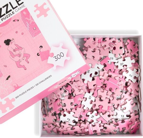 Caixa do jogo Secret Play Sexxxzzle, um puzzle erótico de 300 peças com desafios para casais
