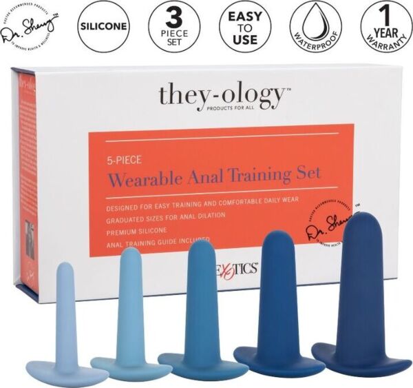 Conjunto de dilatadores anais CalExotics They-ology 5 peças, com os cinco dilatadores azuis ordenados por tamanho