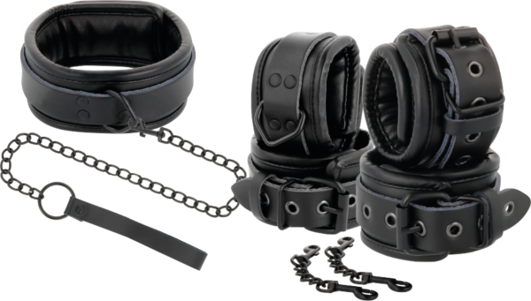 Conjunto de coleira e algemas Darkness em couro com correia