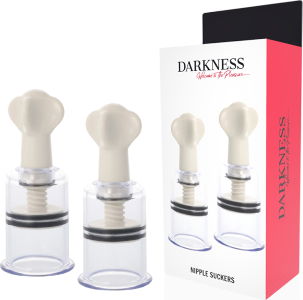 Sugadores de mamilos Darkness, set de dois copos de plástico branco e transparente com manípulo