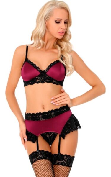 Conjunto de lingerie Livco Corsetti bordeaux e preto, com soutien, cinta-liga e tanga