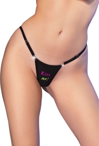 Tanga preta Chilirose CR 4836 com estampado néon e fechos de correr nas laterais
