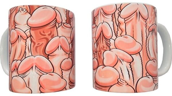 Caneca de cerâmica Diablo Picante Color Penis Mug com desenhos de pénis coloridos e asa branca
