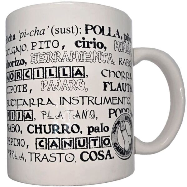 Caneca de cerâmica branca Diablo Picante de 370 ml com sinónimos de pénis escritos a preto