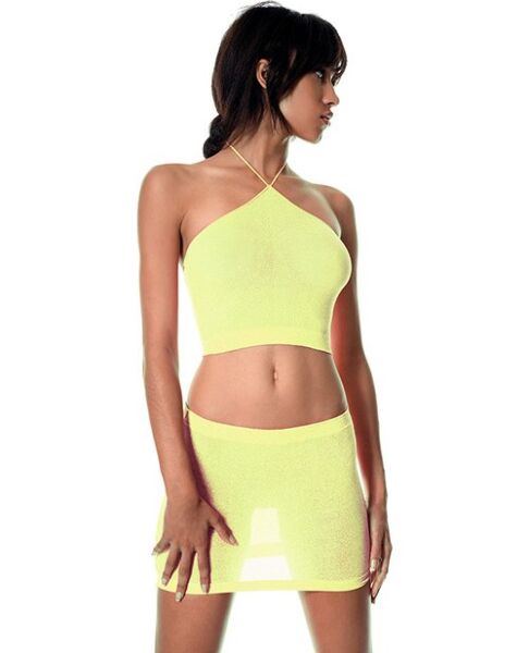 Conjunto Music Legs de top com alça ao pescoço e saia de lurex em amarelo néon