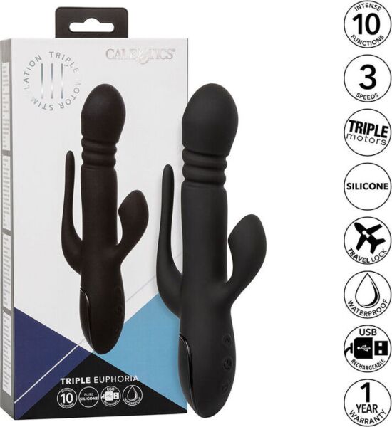 Vibrador rabbit CalExotics Triple Euphoria com haste, estimulador por sucção e cauda