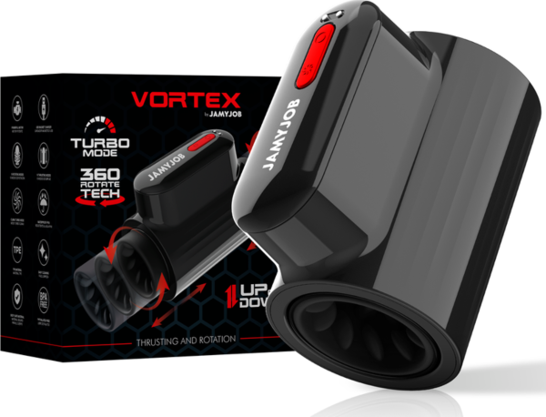 Masturbador automático Jamyjob Vortex, preto com detalhes em vermelho escuro