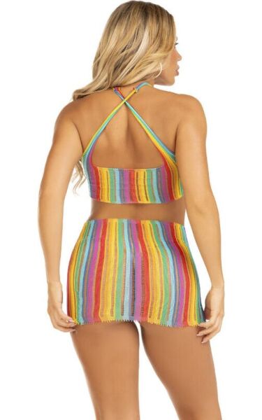 Minivestido Leg Avenue Technicolor Dream de riscas arco-íris, com decote halter e alças cruzadas