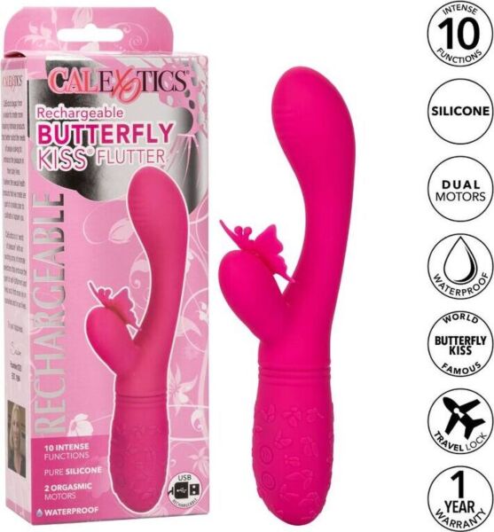 Vibrador CalExotics Butterfly Kiss Flutter cor-de-rosa, com o braço para o ponto G e a borboleta