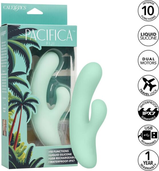 Vibrador ponto G CalExotics Pacifica Fiji de silicone transparente verde, com haste curva e segundo estimulador