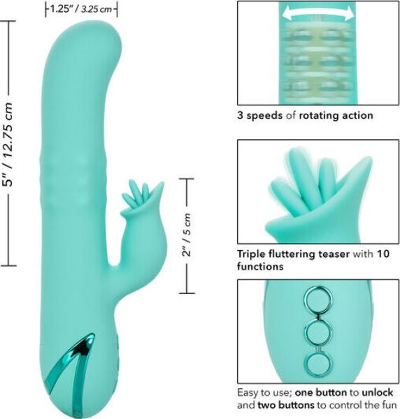 Vibrador rabbit CalExotics Bel Air Bombshell, com o seu eixo rotativo e o seu estimulador externo