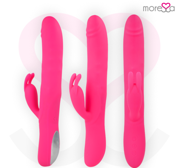Vibrador rabbit Moressa Somer, com o seu eixo rotativo e o braço para o clitóris