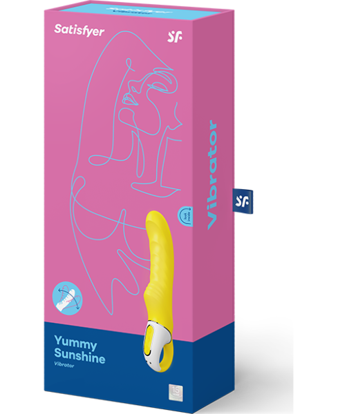 Vibrador ponto G Satisfyer Yummy Sunshine, de cor amarela, curvo e com superfície canelada