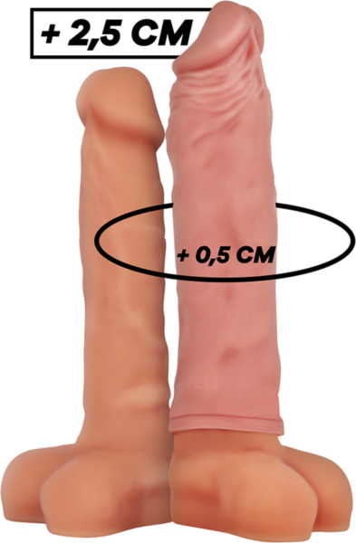 Extensão de pénis VirilXL V5 em silicone, em castanho e natural