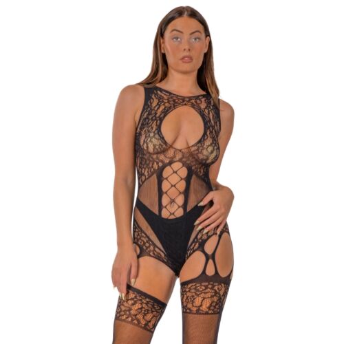 Bodystocking Lace Cut Out Floral con Suspender