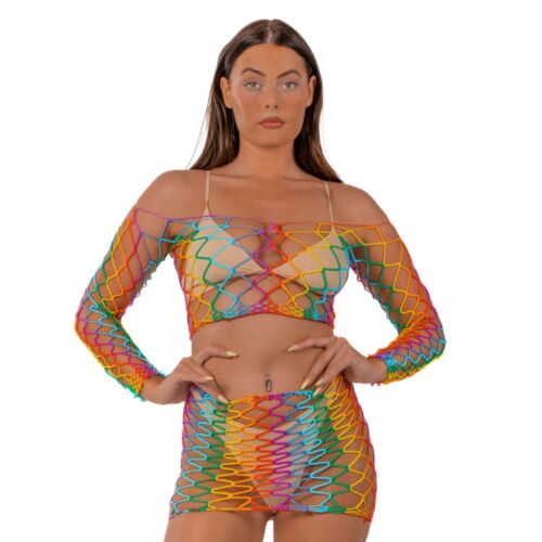 Conjunto Lingerie Sexy Lace Rainbow Crop Top e Saia
