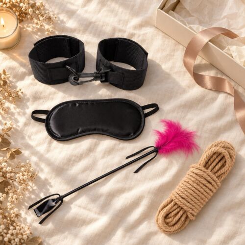 Kit de bondage suave para principiantes com algemas, venda, chibata e corda – cena de ambiente (imagem gerada por IA)