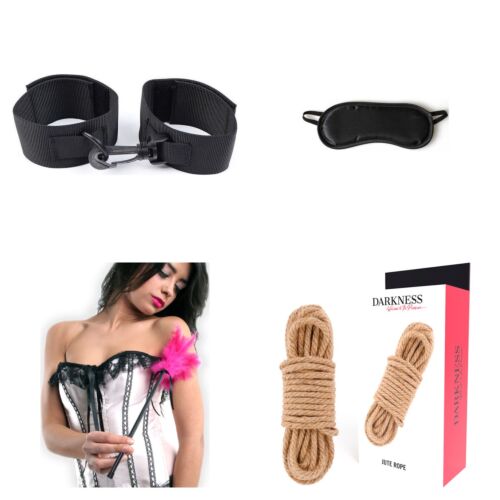 Kit de bondage suave para principiantes com algemas, venda, chibata e corda