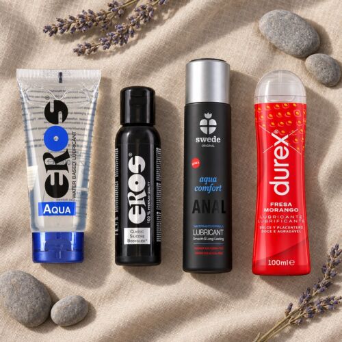 Kit de lubrificantes: água, silicone, anal e com sabor – cena de ambiente (imagem gerada por IA)