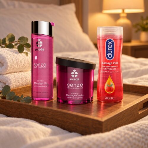 Kit de massagem erótica com óleo, vela e gel 2 em 1 – cena de ambiente (imagem gerada por IA)