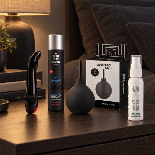 Kit próstata para principiantes com vibrador de base larga – cena de ambiente (imagem gerada por IA)