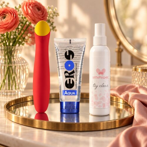 Kit para o ponto G com vibrador ROMP Hype e lubrificante – cena de ambiente (imagem gerada por IA)