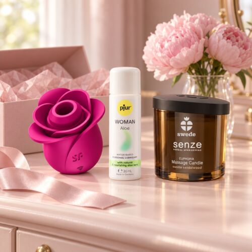 Kit presente para ela com Satisfyer Pro 2 e vela de massagem – cena de ambiente (imagem gerada por IA)