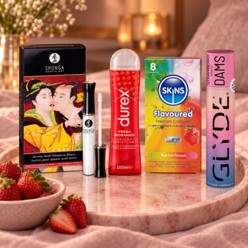 Kit de sexo oral com gloss, lubrificante e preservativos de sabores – cena de ambiente (imagem gerada por IA)