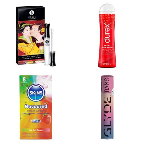 Kit de sexo oral com gloss, lubrificante e preservativos de sabores
