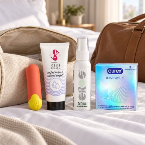 Kit de viagem discreto com bala vibratória e lubrificante – cena de ambiente (imagem gerada por IA)