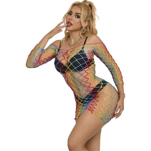 Vestido Sexy SUBBLIME Rejilla Manga Longa Arcoíris