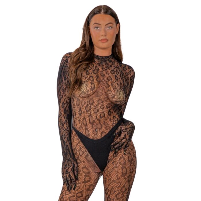 Bodystocking Lace Gloved Leopard Print com luvas Bodystocking Lace Gloved Leopard Print com luvas