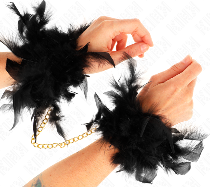 Esposas KINK com Plumas Negras e Cadeado Dourado Esposas KINK com Plumas Negras e Cadeado Dourado