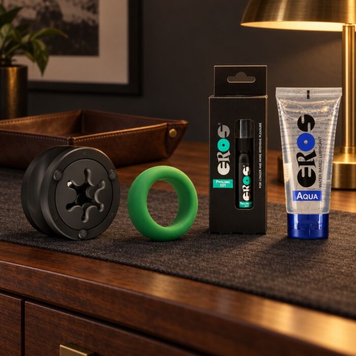 Kit masculino com masturbador reutilizável Fun Factory, anel e spray – cena de ambiente (imagem gerada por IA)