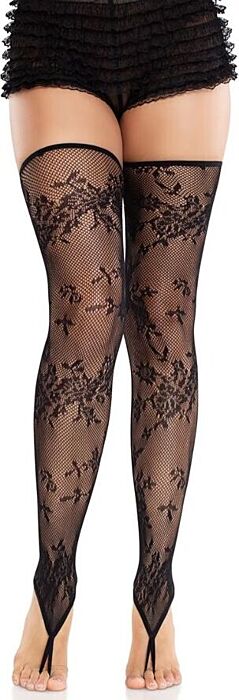 Medias Leg Avenue Encaje Floral Preto Sensuais