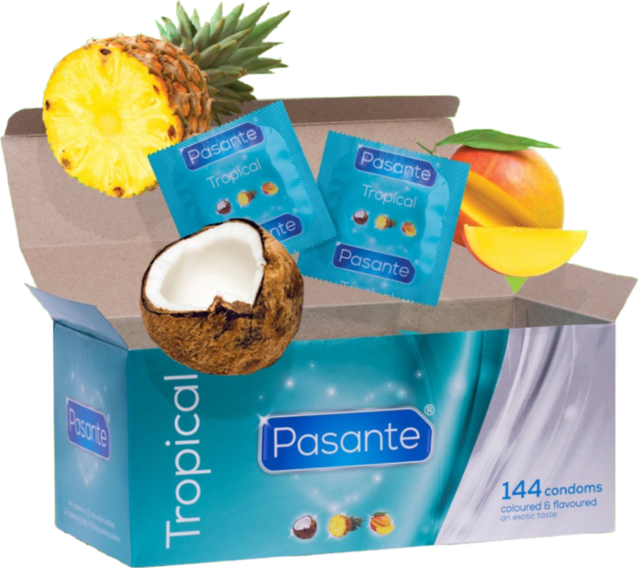 Preservativos com sabores tropicais Pasante 144 unidades. Preservativos com sabores tropicais Pasante 144 unidades.